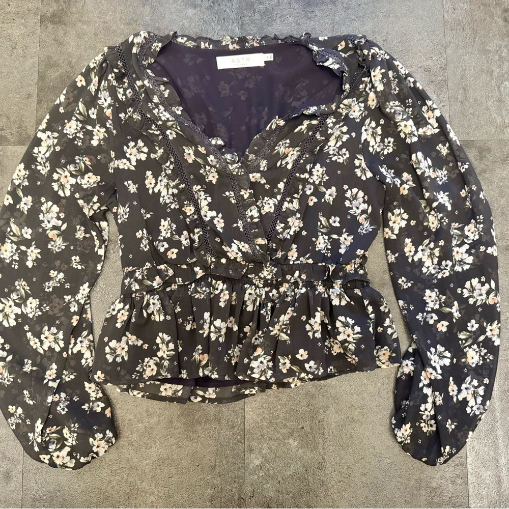 Astr Dloral Peplum Blouse with Long Sleeves